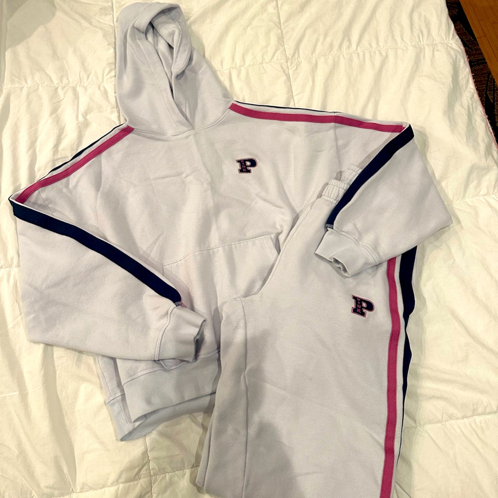 White Hoodie and Sweatpants PINK Set with Pink and Blue Stripes